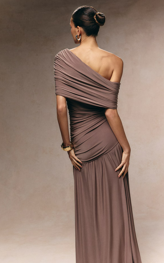 Mahan Double Layer Slinky Bardot One Shoulder Maxi Dress