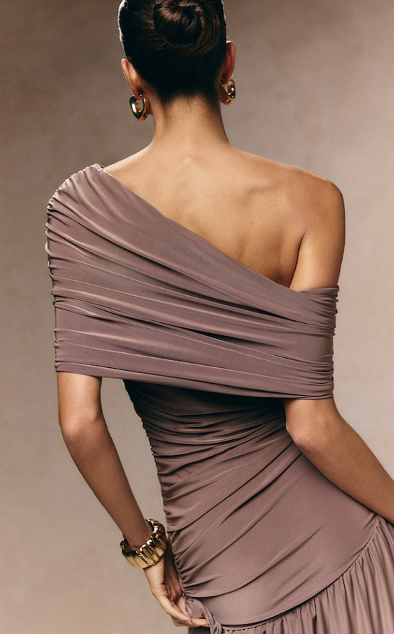 Mahan Double Layer Slinky Bardot One Shoulder Maxi Dress