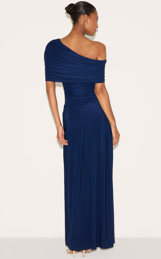 Mahan Navy Double Layer Slinky Bardot One Shoulder Dress